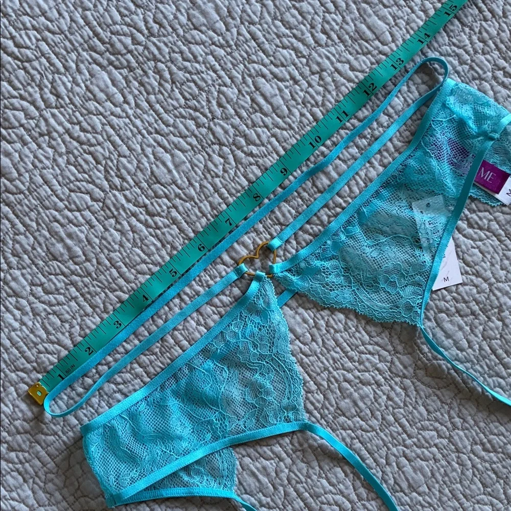 New Adore Me Turquoise Lace Cut Out Strappy Panty Gold Heart Open Back Underwear